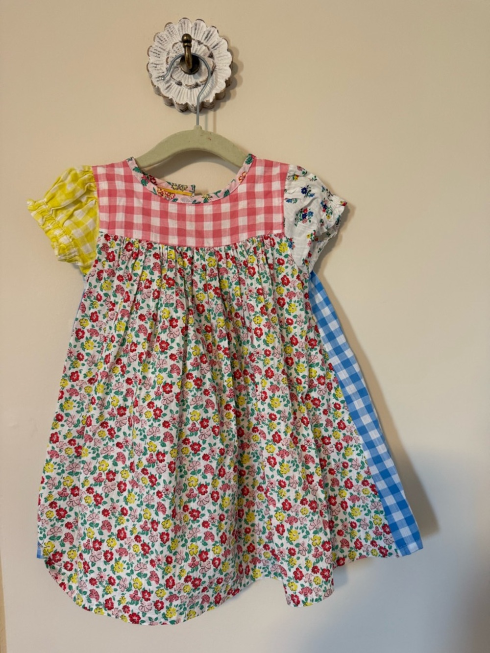 Baby Boden Girls' Patchwork Floral Gingham Dress - Pink, Yellow, Blue
